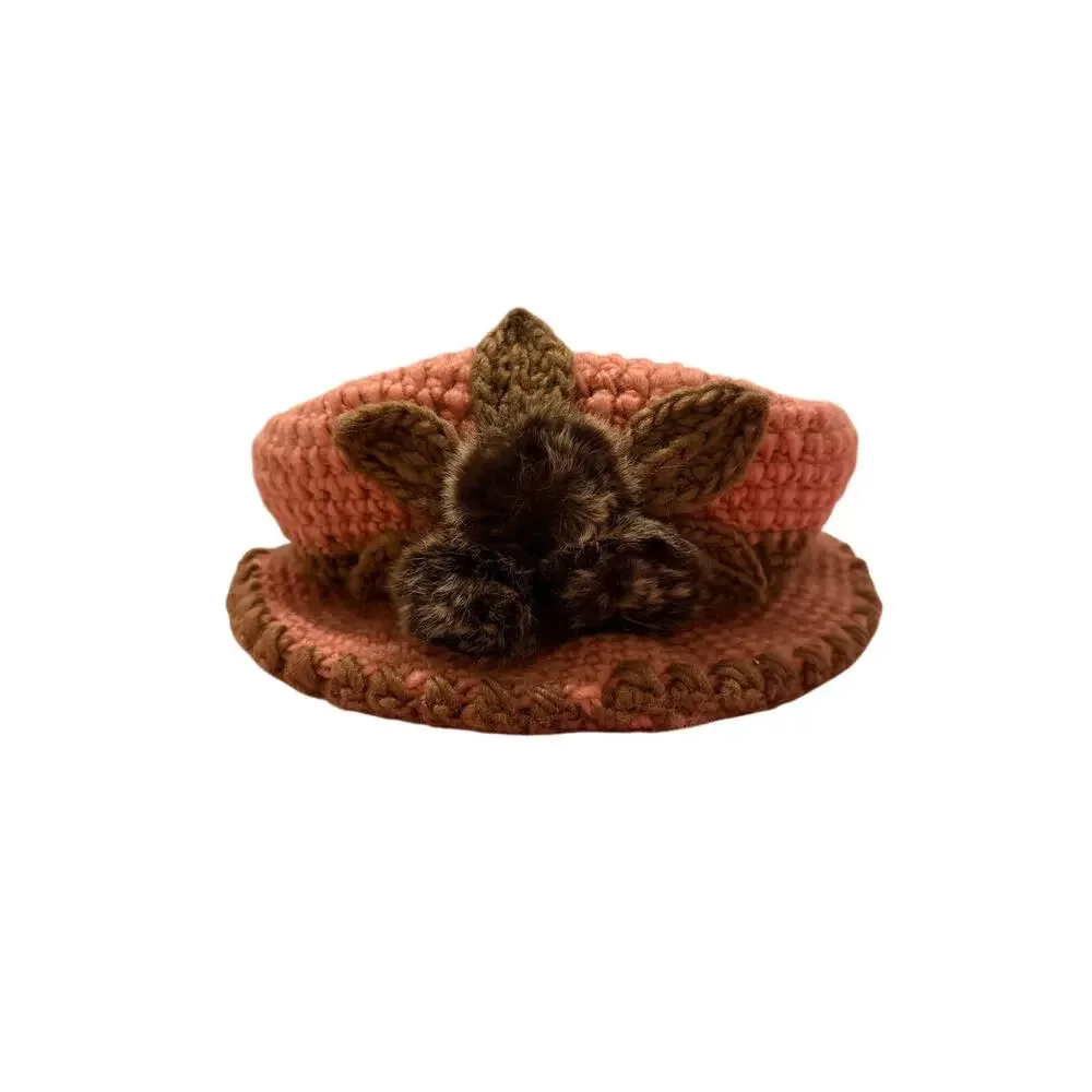 Women's Red Brown Floral Circle Faux Fur Crochet Hat